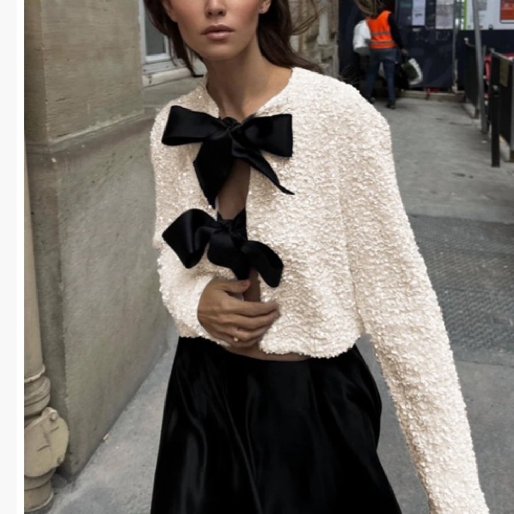 COMMENSE Cream Sequin Black Ribbon Bow Cardigan Jacket NWT - Picture 12 of 16